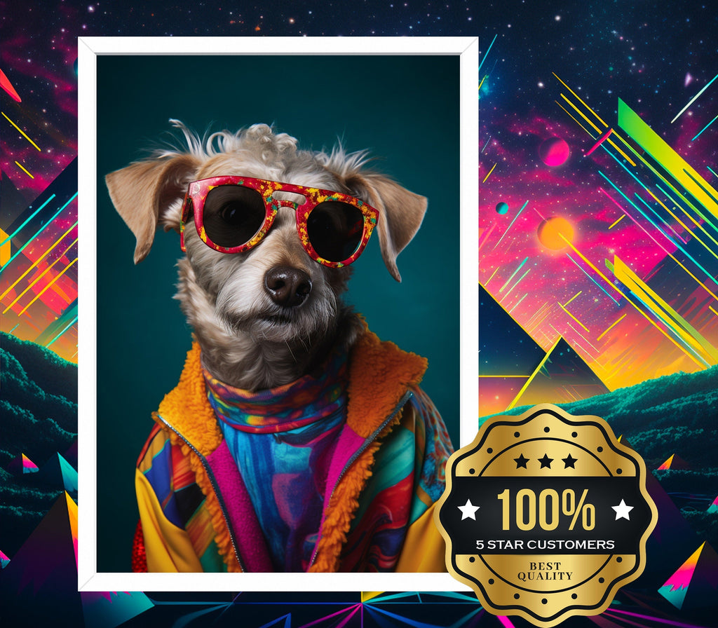 90s 80s Funny Pet Portrait from Photo, Retro Dog Illustration, Unique School Custom Cat Drawing, Personalized framed poster print, XMAS gift