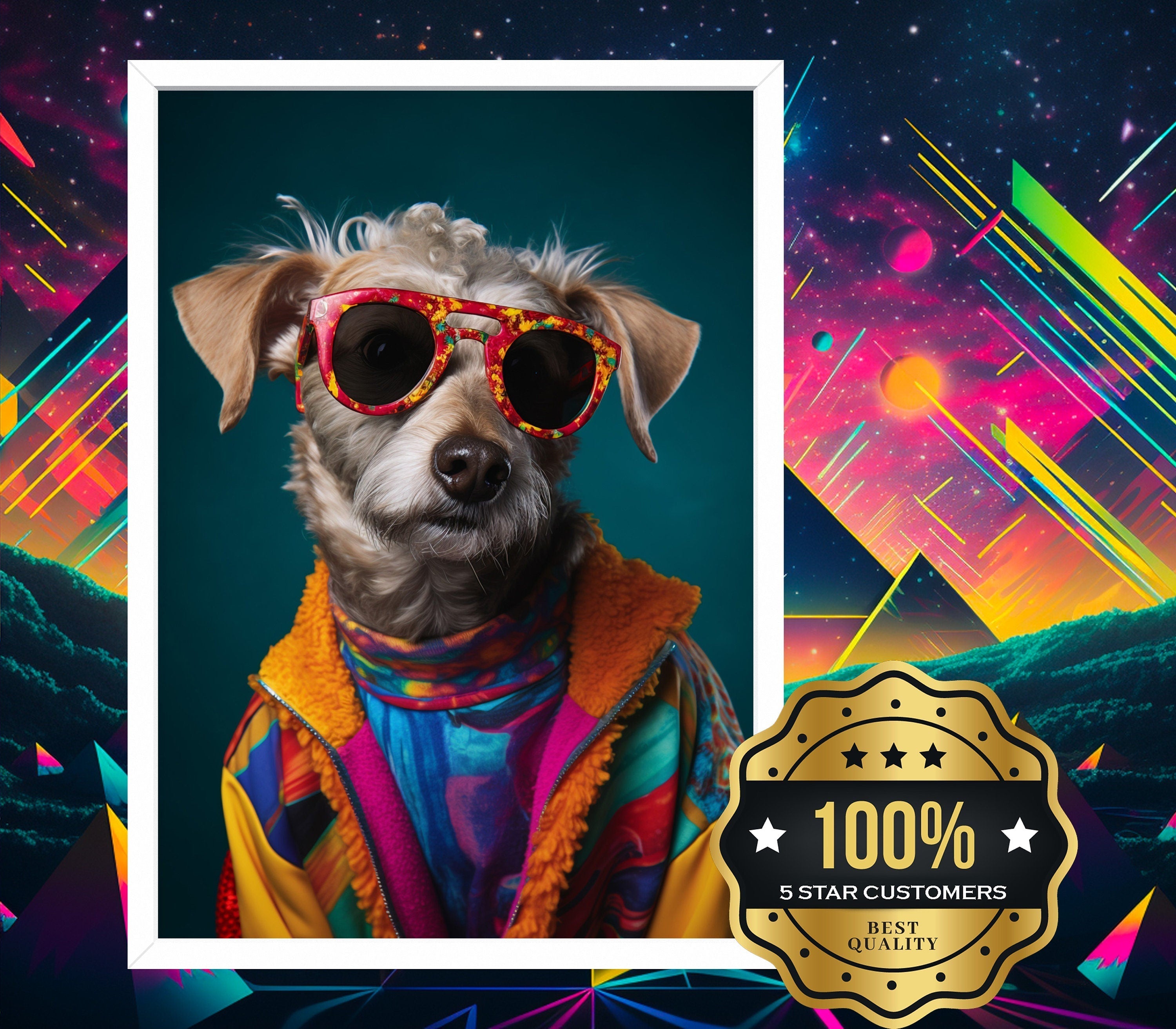 90s 80s Funny Pet Portrait from Photo, Retro Dog Illustration, Unique School Custom Cat Drawing, Personalized framed poster print, XMAS gift