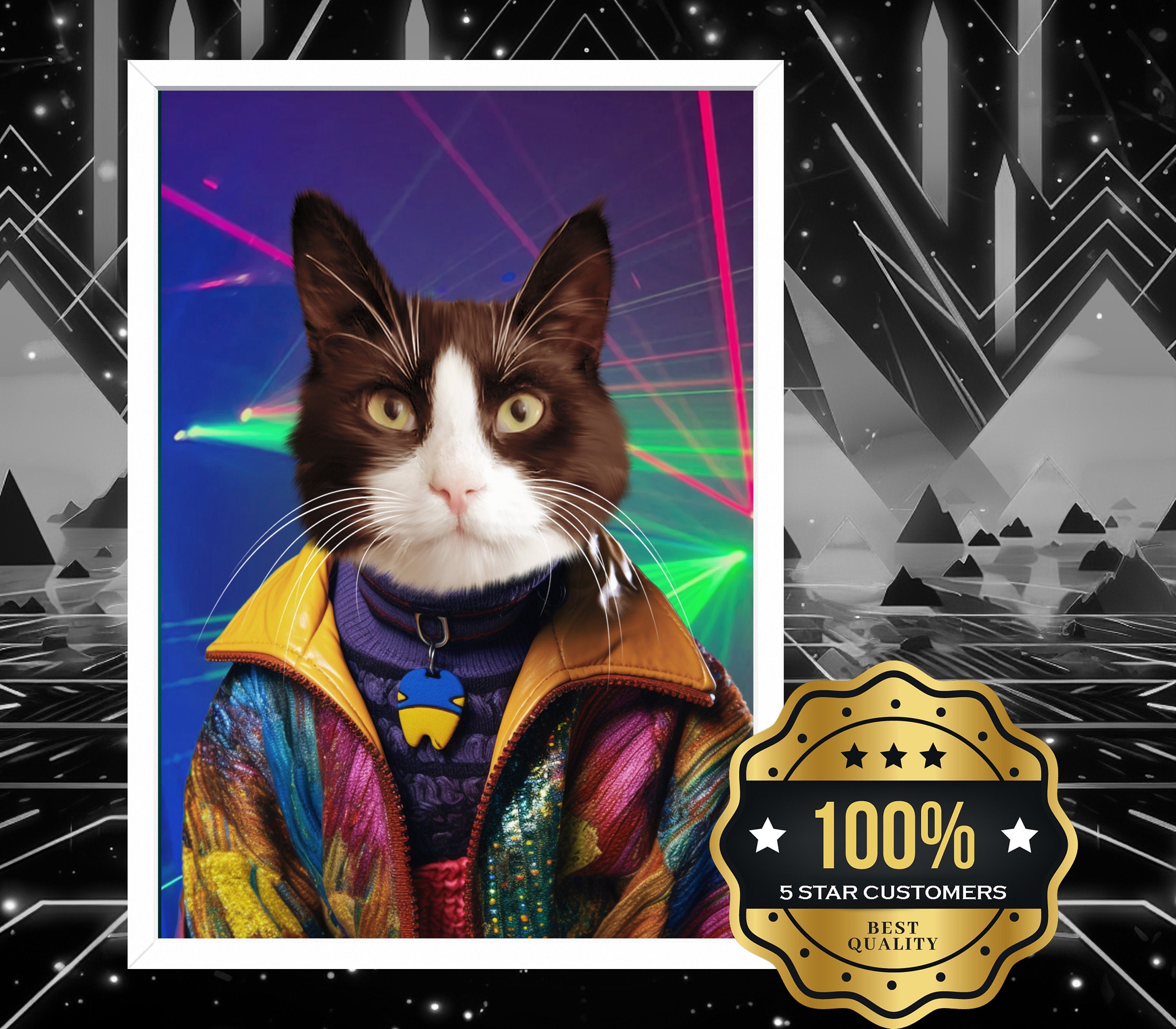 90s 80s Funny Pet Portrait from Photo, Retro Dog Illustration, Unique School Custom Cat Drawing, Personalized framed poster print, XMAS gift